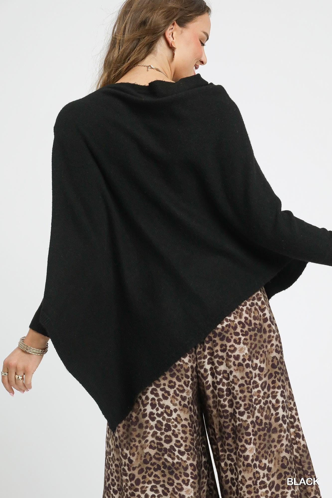 Black Knit Asymmetrical Poncho Sweater