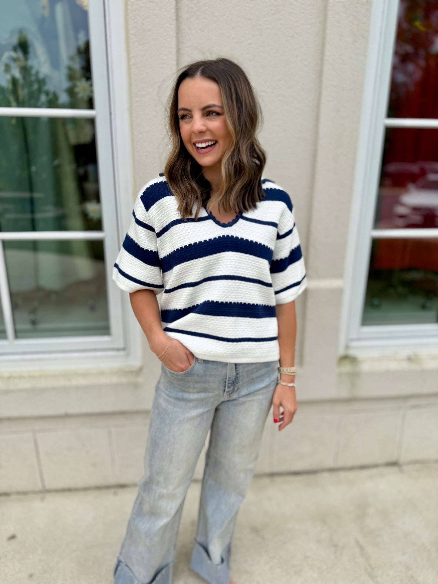 White and Navy Striped Knit Top