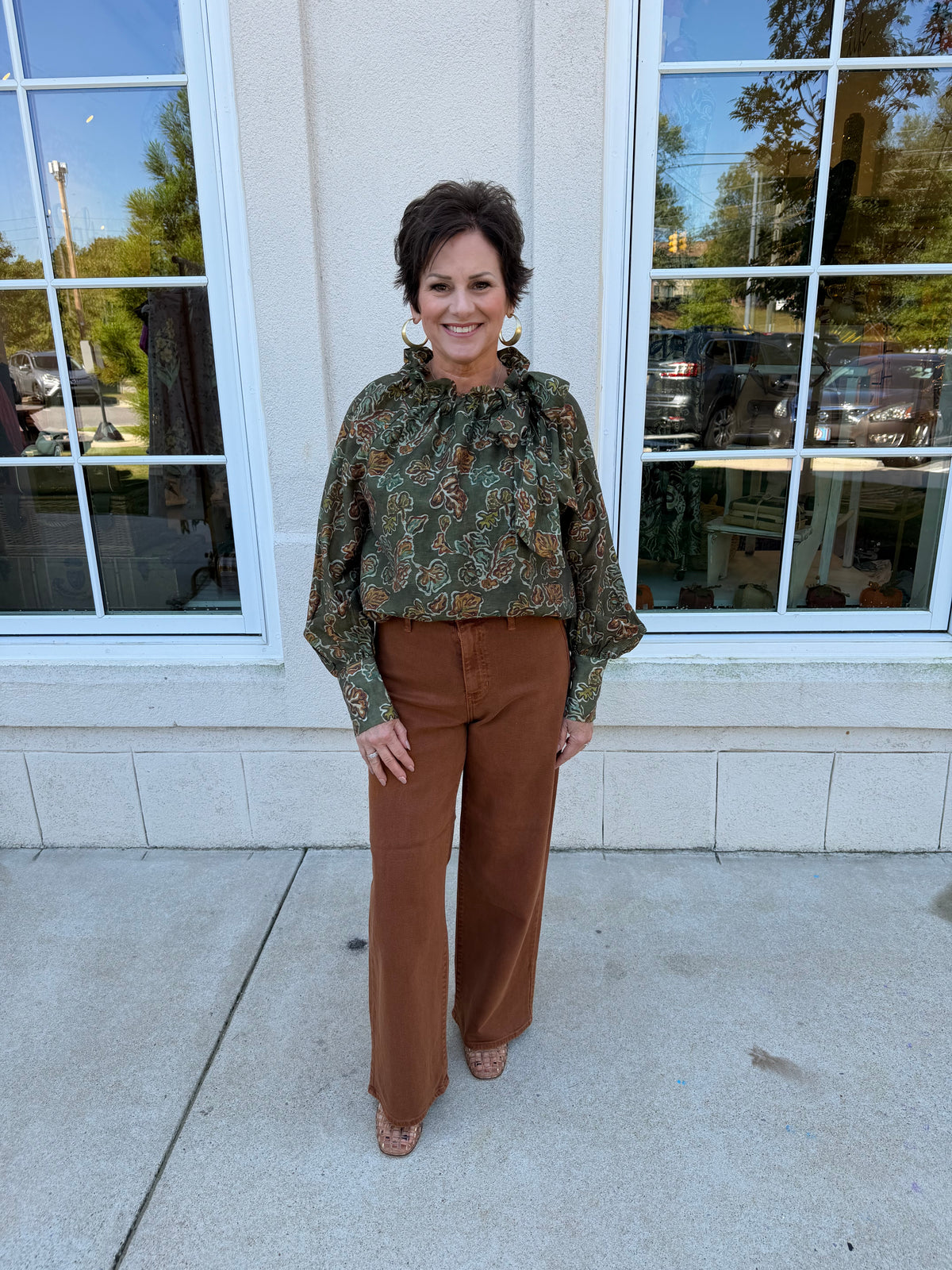 Olive Neck Tie Printed Blouse