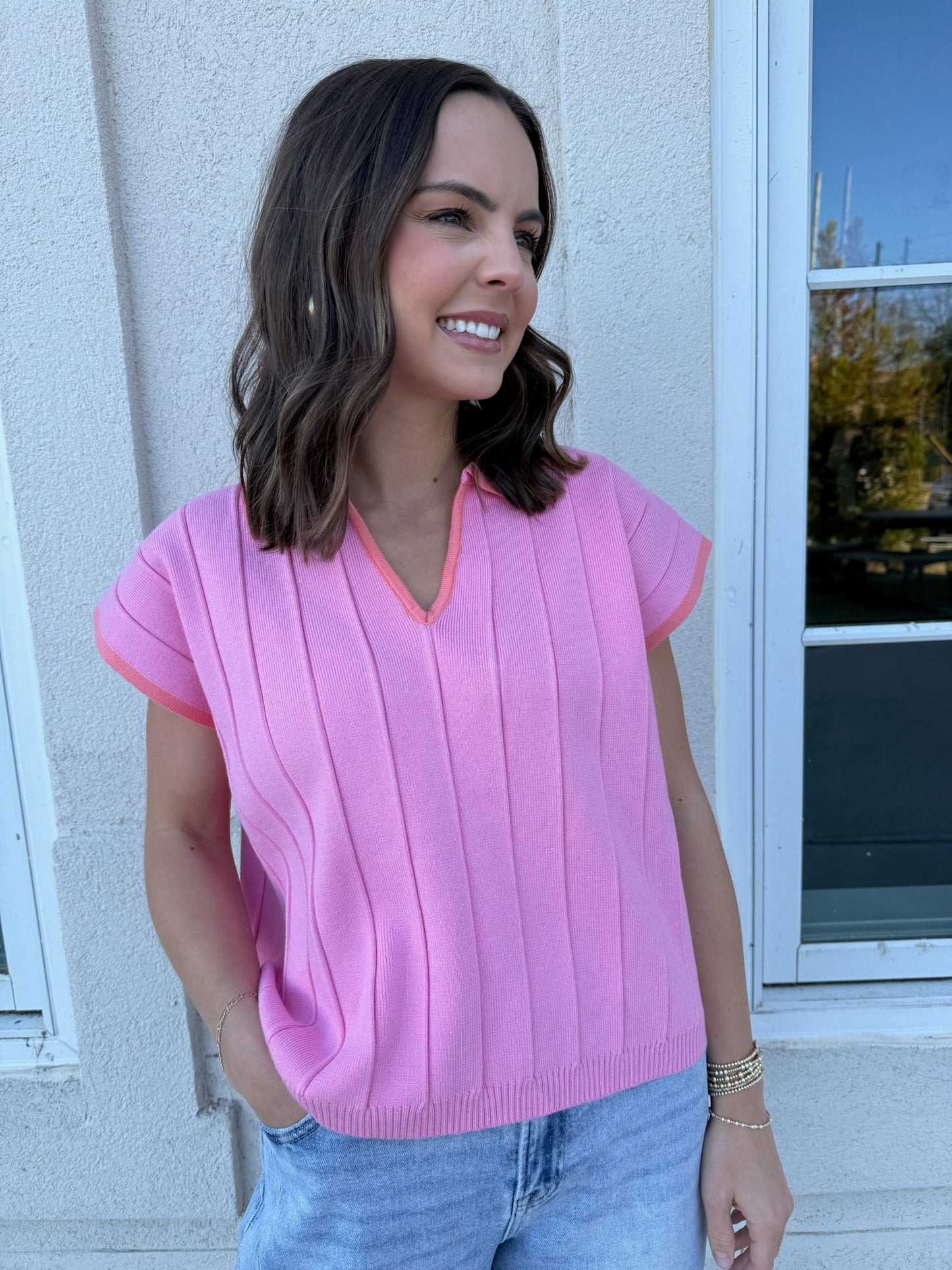 Punch and Coral Collared Sweater Top