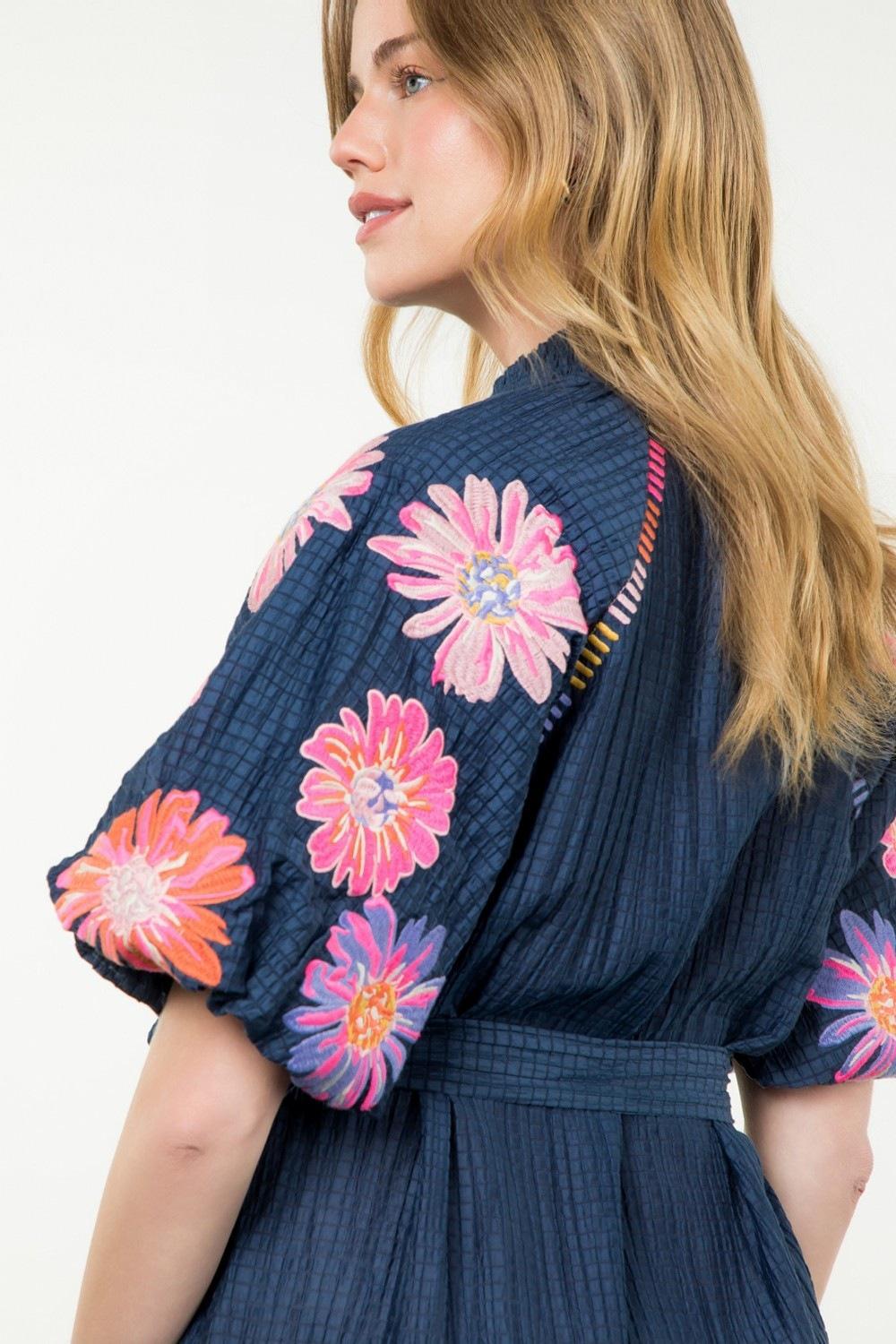Navy Embroidered Puff Sleeve Textured Midi