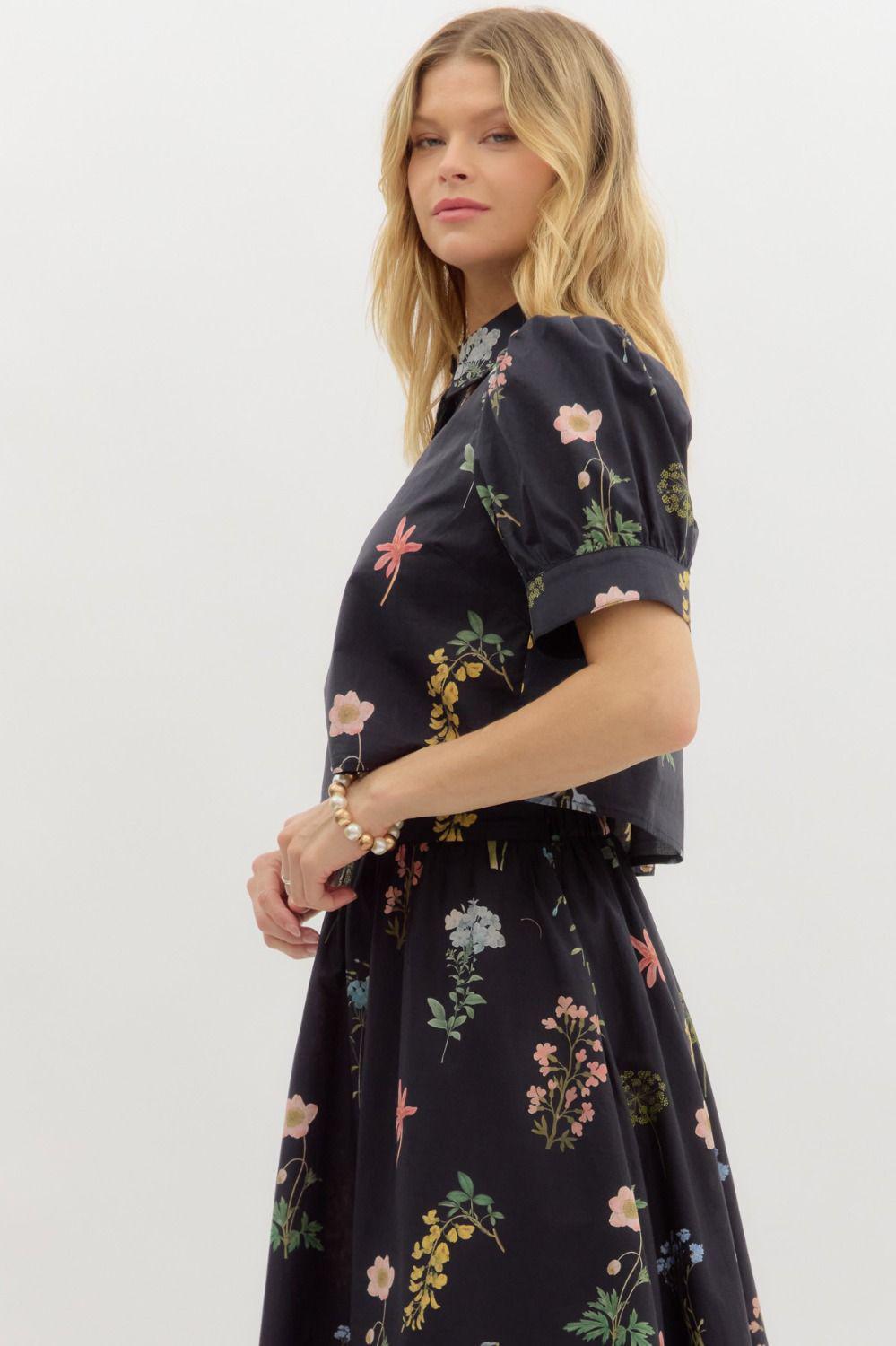Black Floral Two Piece Midi Set