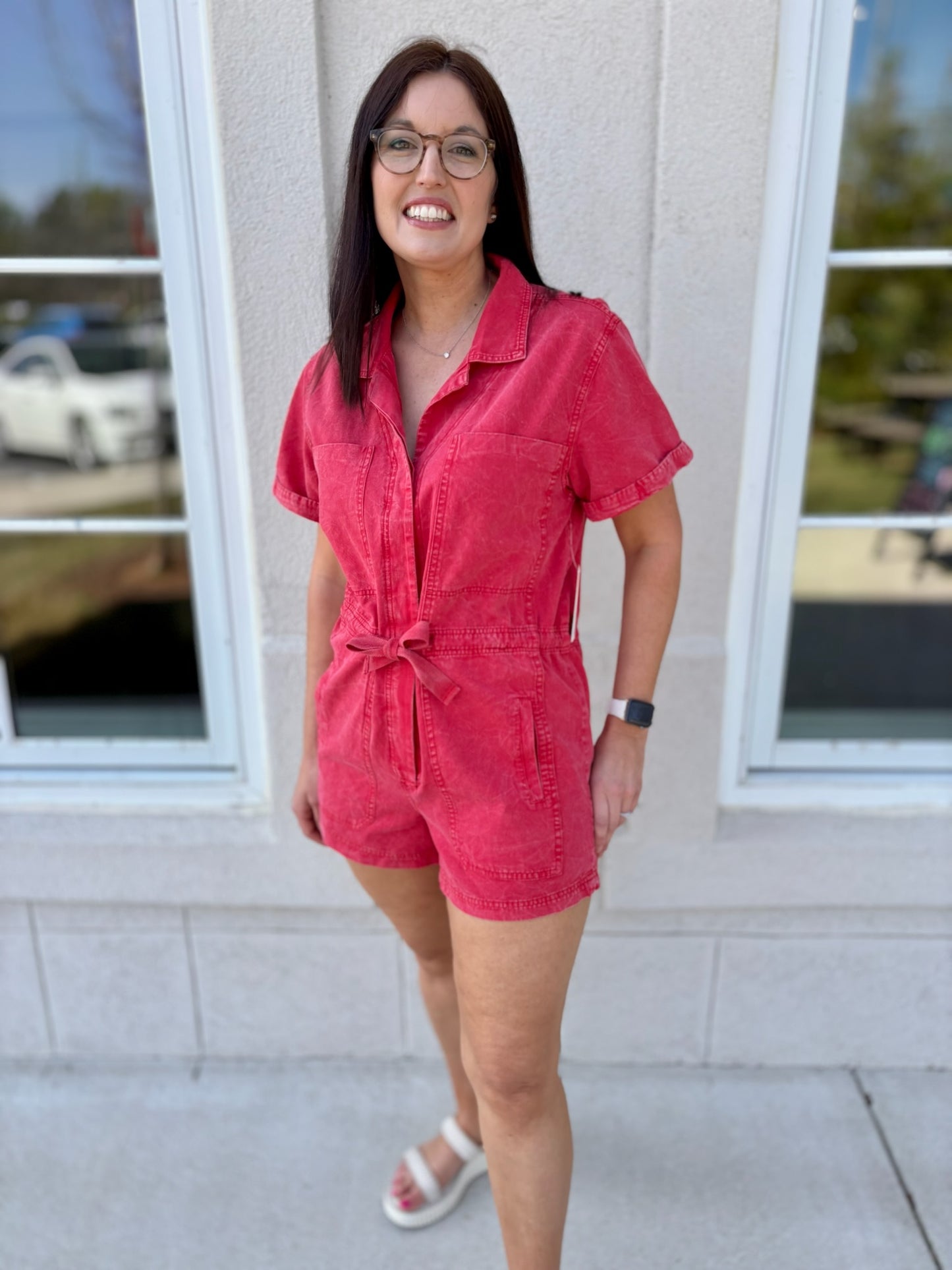 Crimson Red Washed Denim Romper