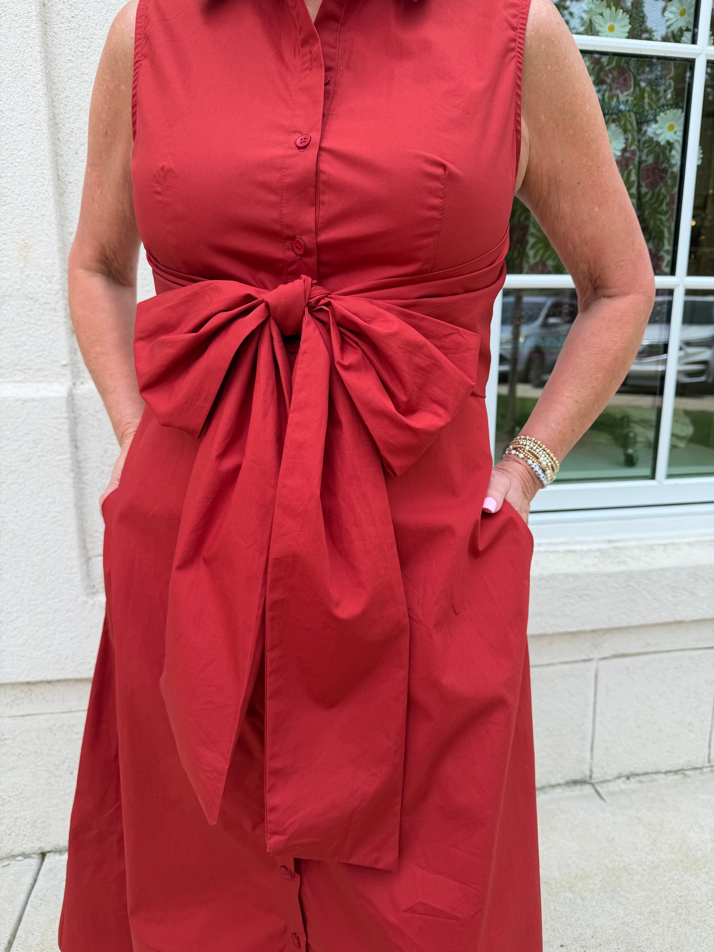 Deep Red Collared with Bow Front Maxi Dress