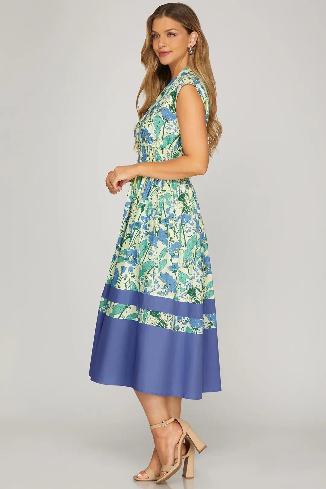 Blue Floral Smocked Zip Front Midi