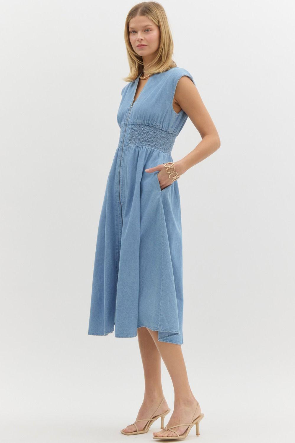 Light Blue Denim Zipper Dress