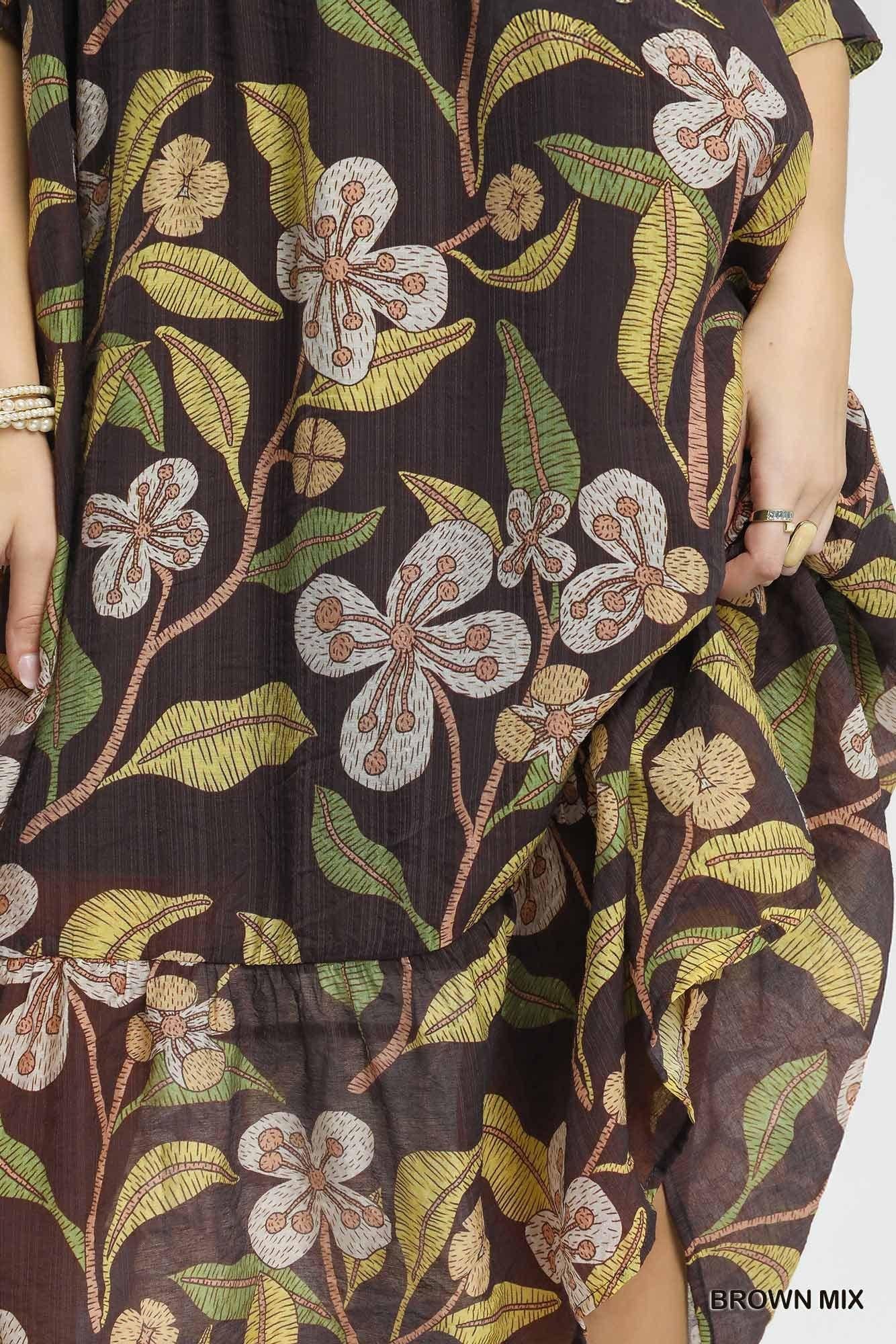 Brown Mixed V-Neck Midi