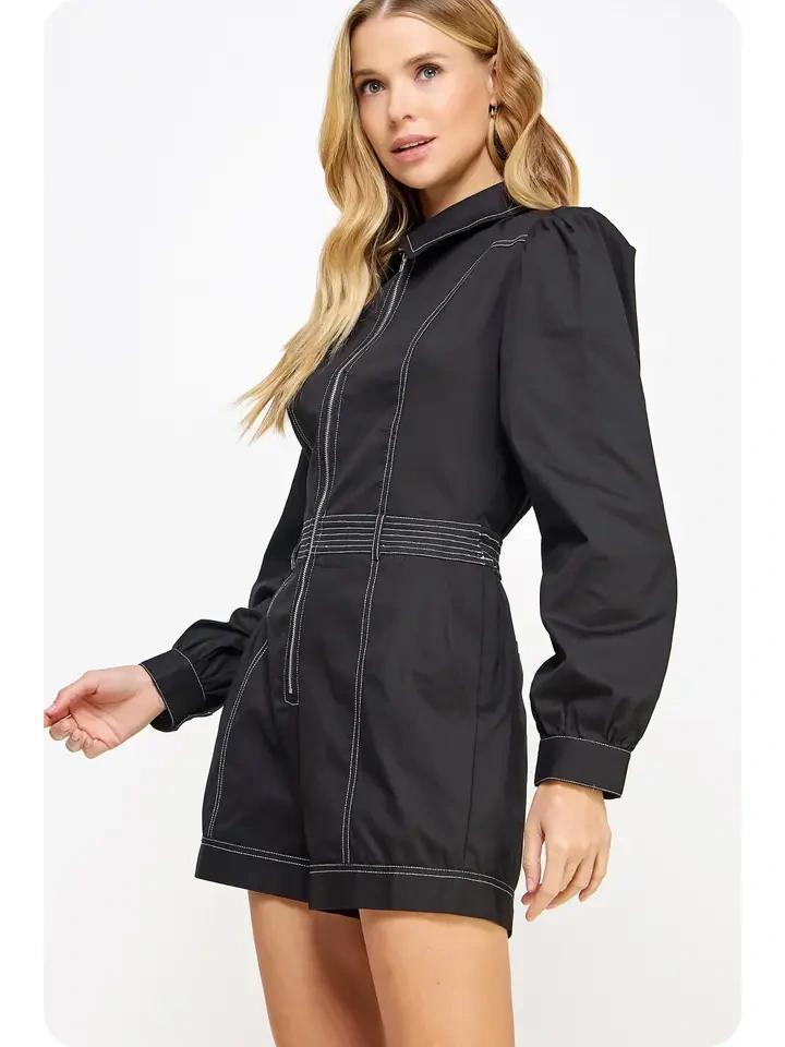 Black Topstitched Twill Romper