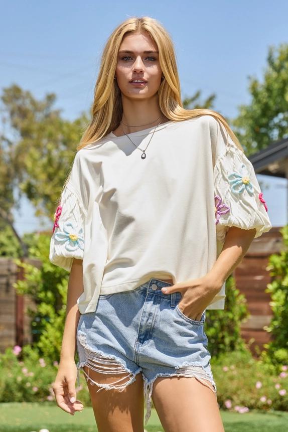 Off White Mixed Fabric Flower Top