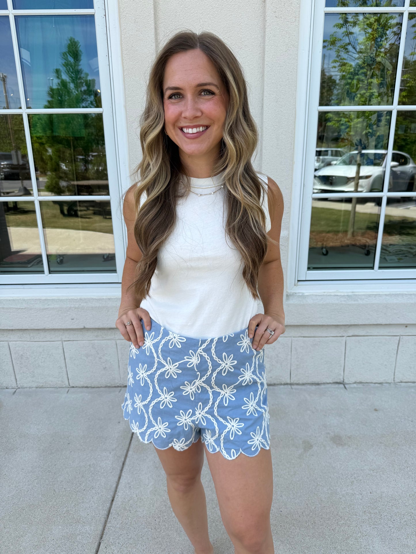Blue with Cream Embroidery Shorts