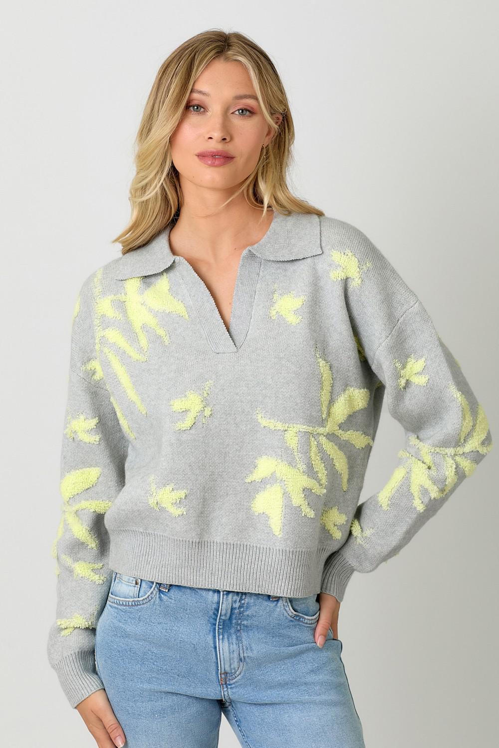 Grey and Lime Floral Pullover Sweater