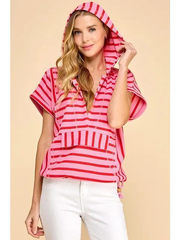 Pink Striped Hooded Top