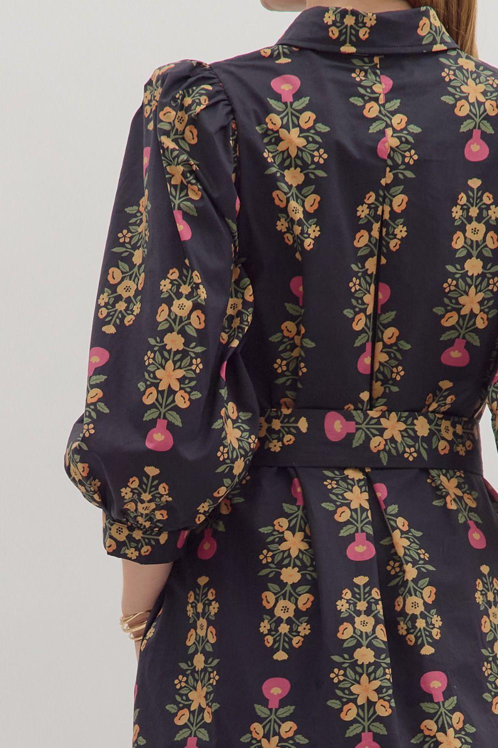 Black Botanical Print Midi Dress