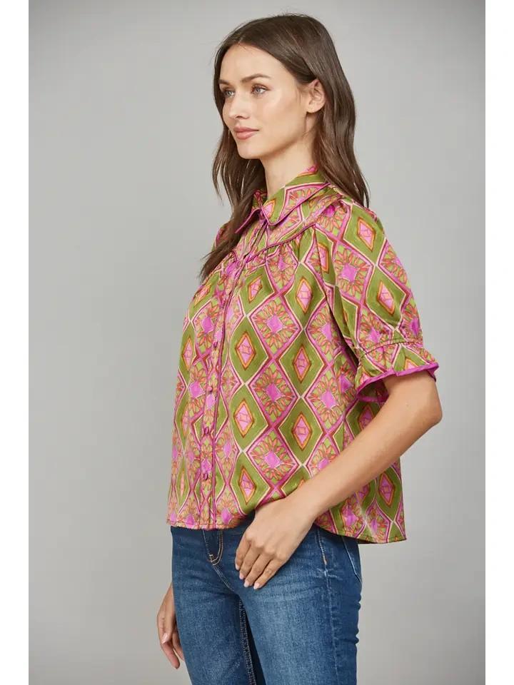 Olive and Pink Print Blouse