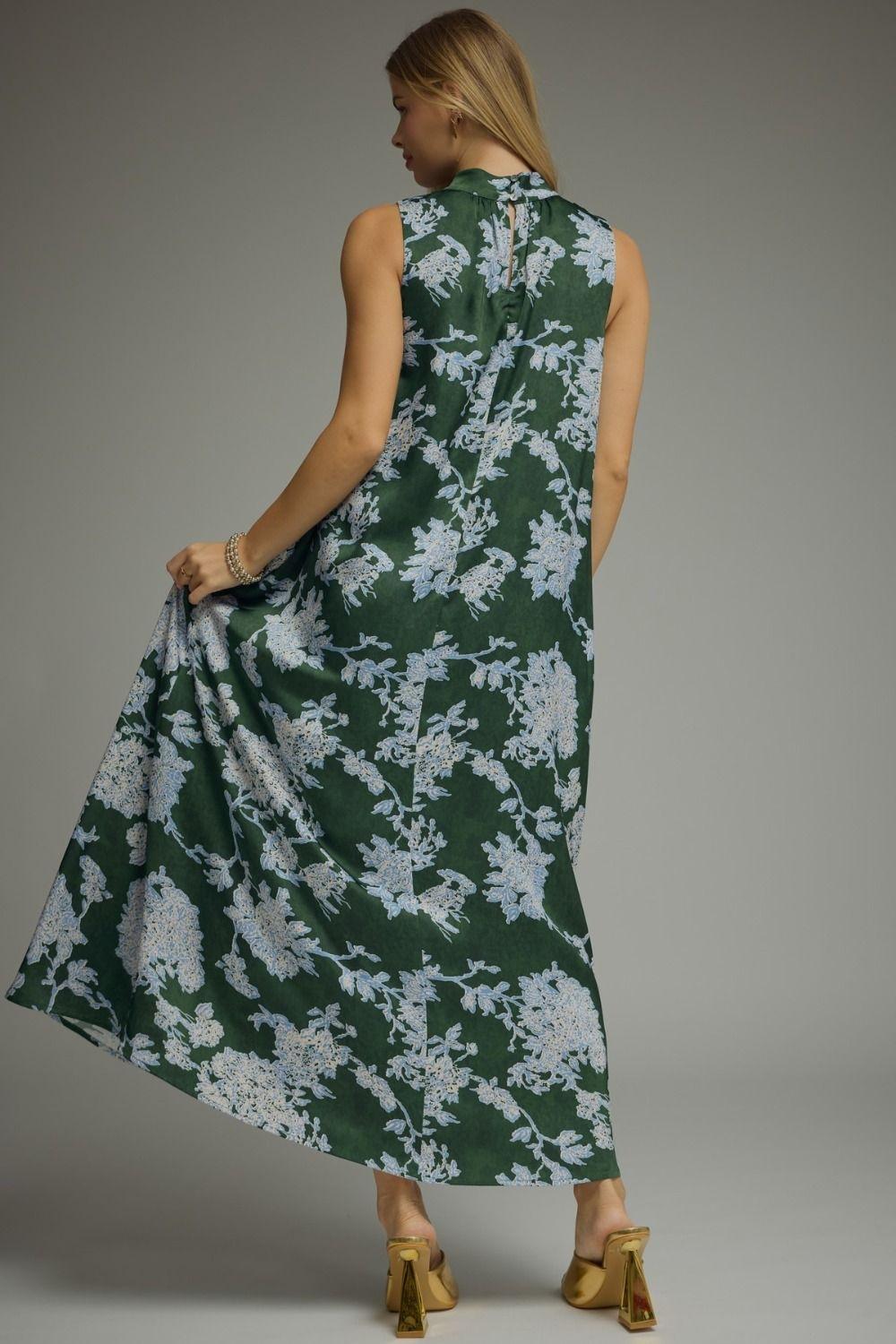 Hunter Green and Blue Floral Maxi Dress