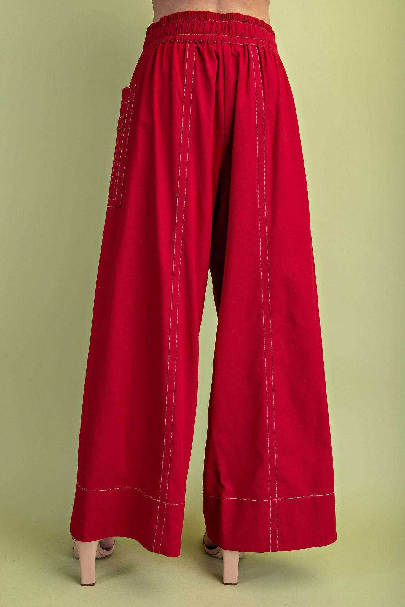 Red Linen Blend Wide Leg Pant
