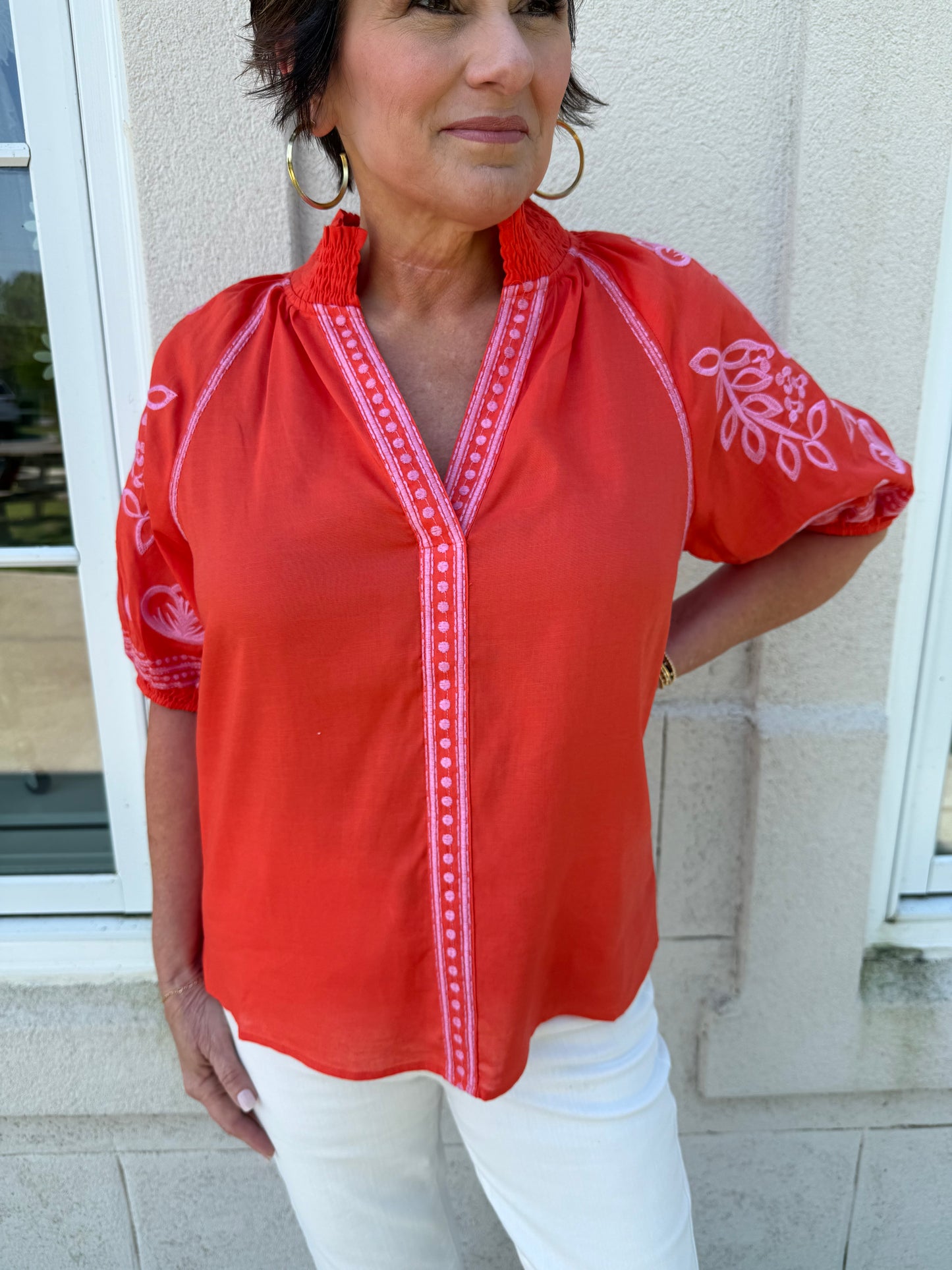 Orange and Pink Embroidered V-Neck Top