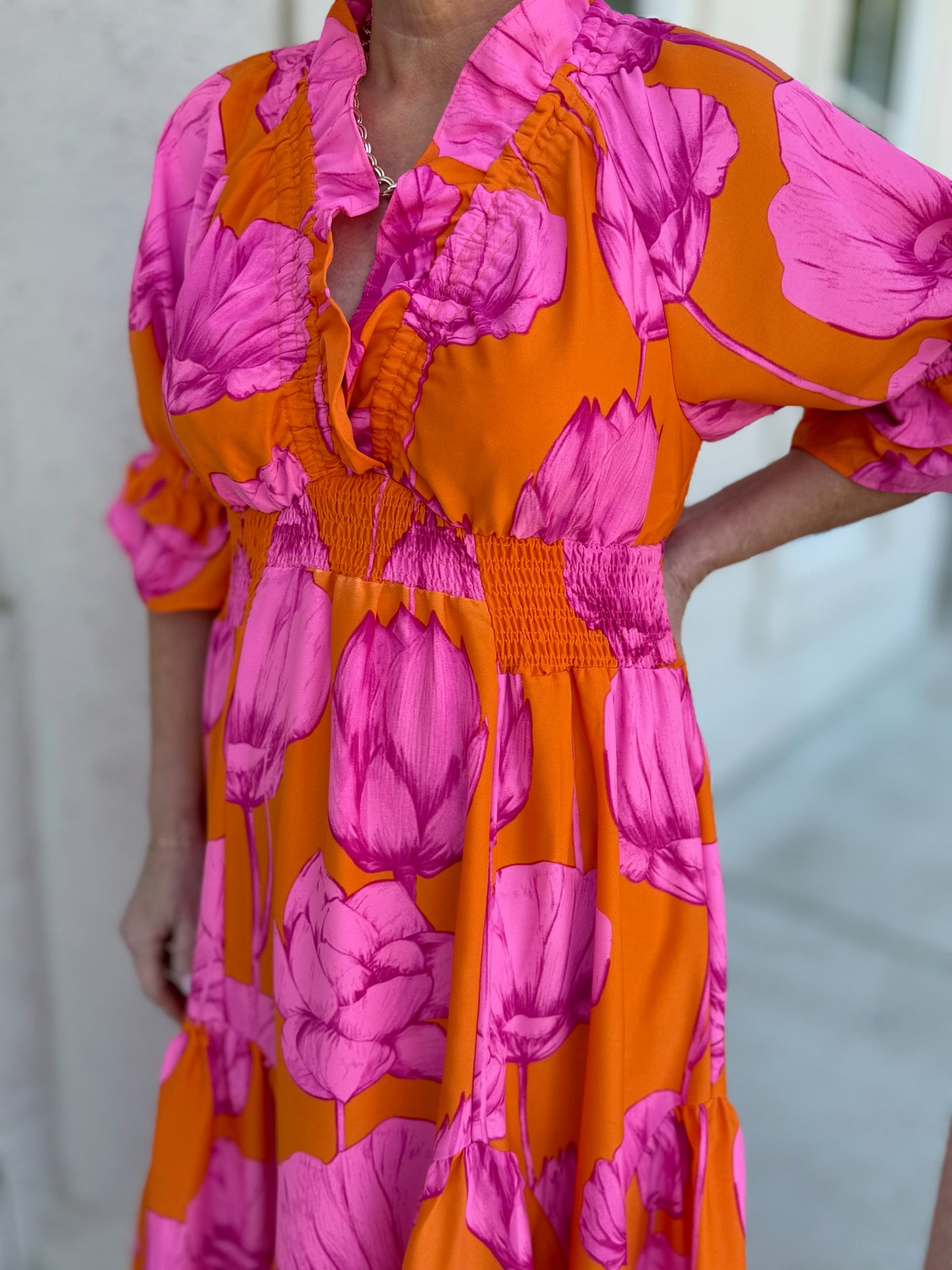 Pink and Orange Smocked Maxi