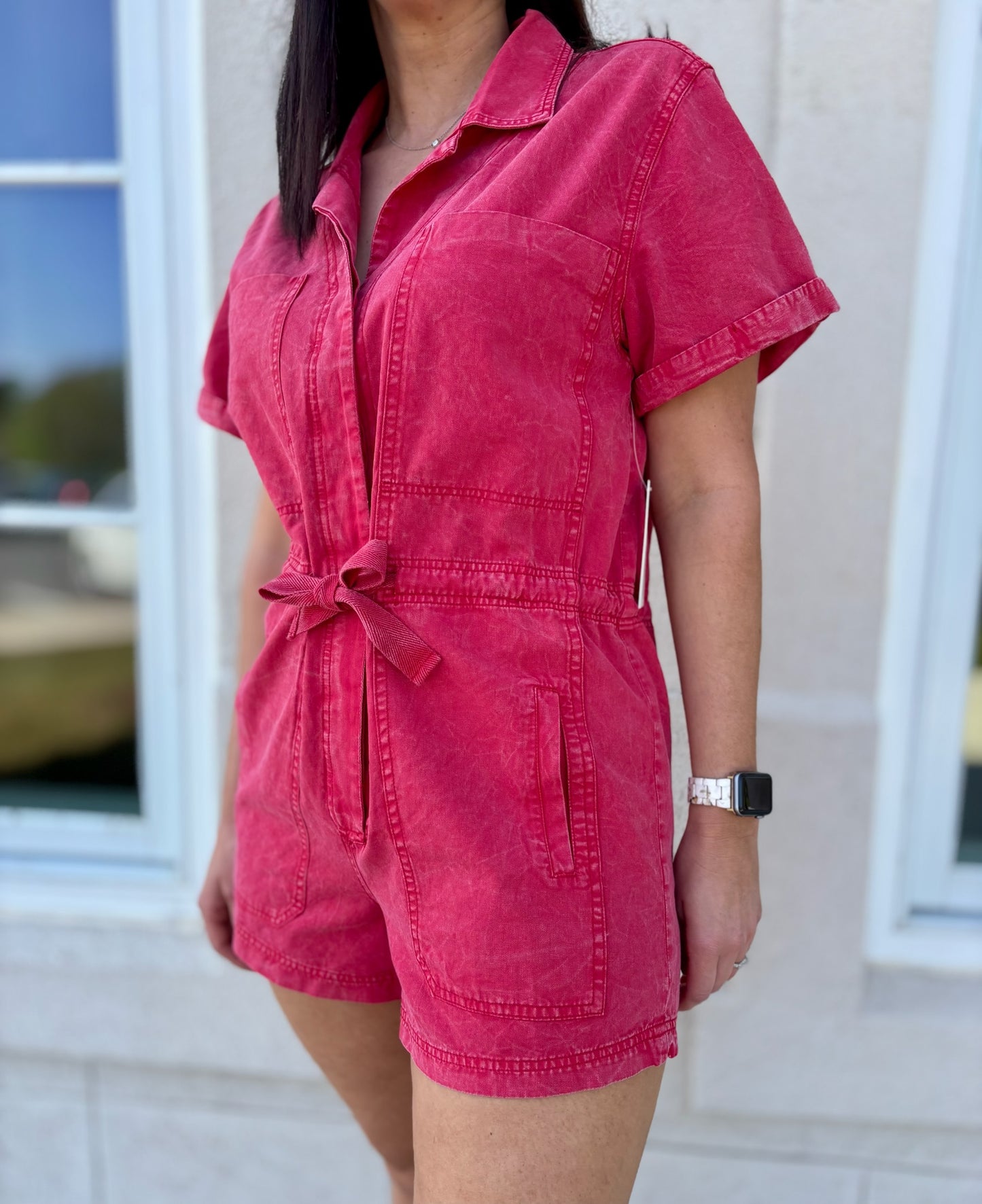 Crimson Red Washed Denim Romper