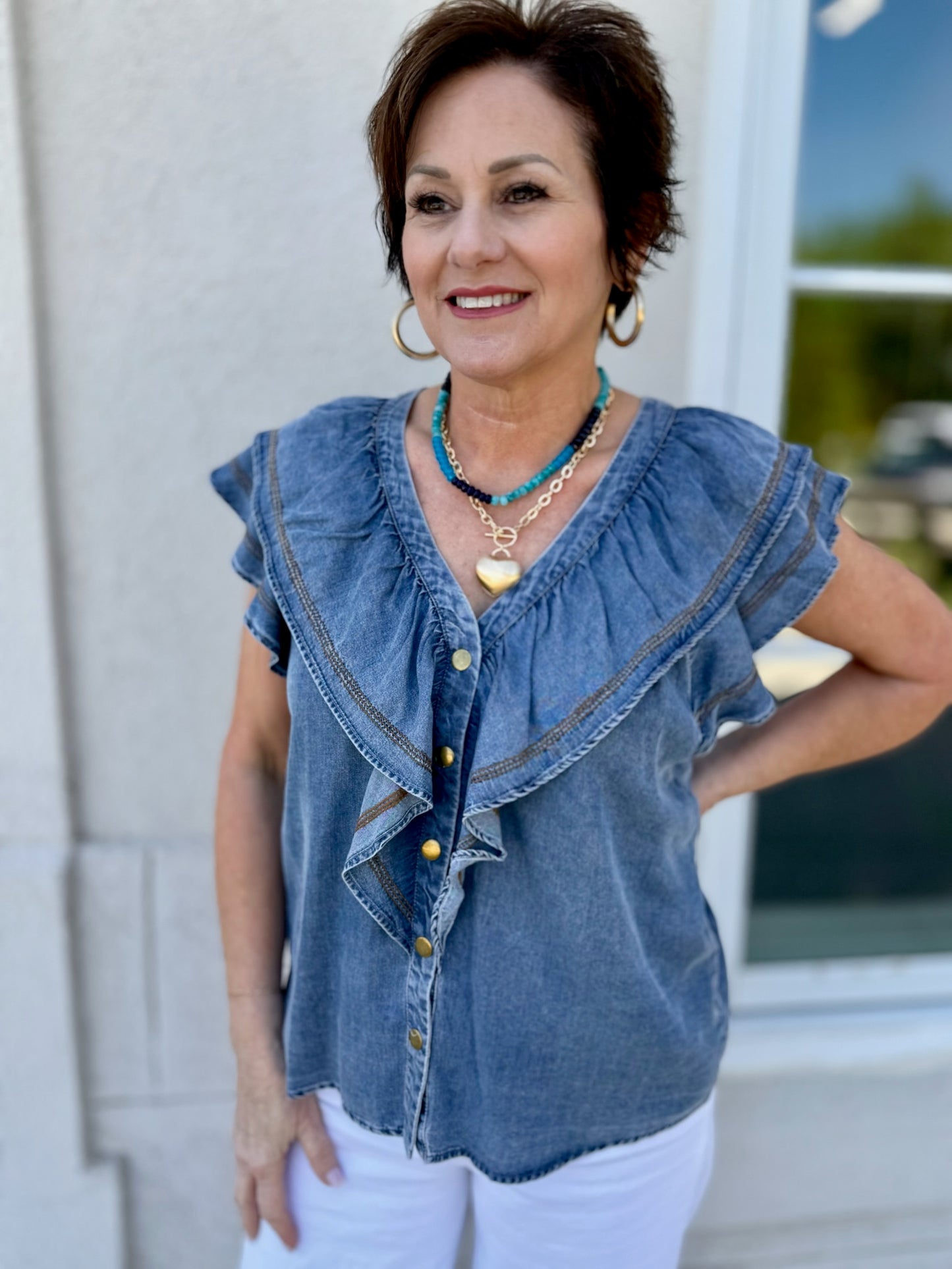 Indigo V-Neck Ruffled Top
