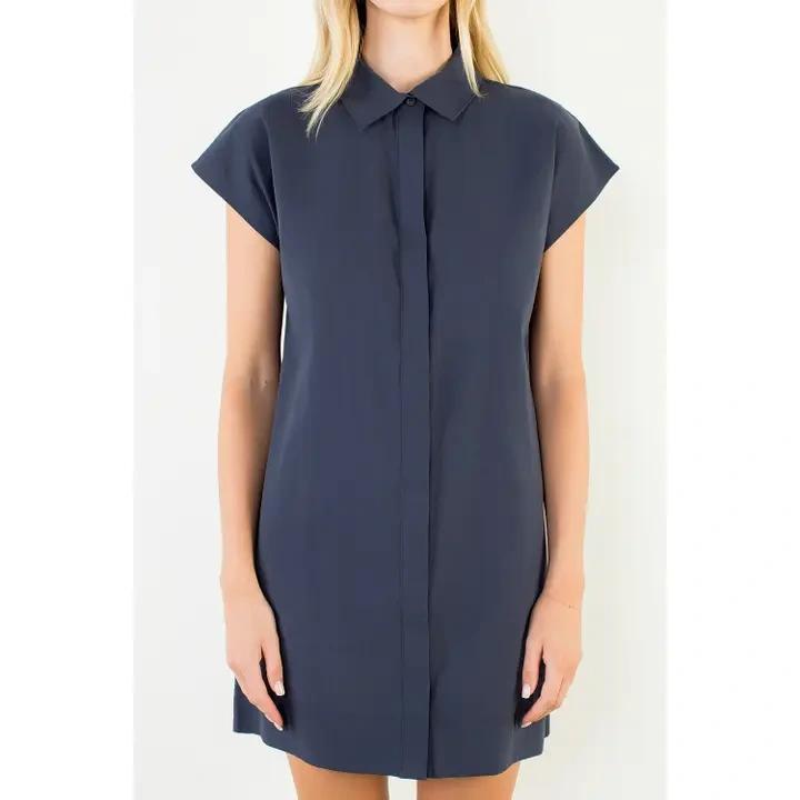 Navy Collared Button Down Dress