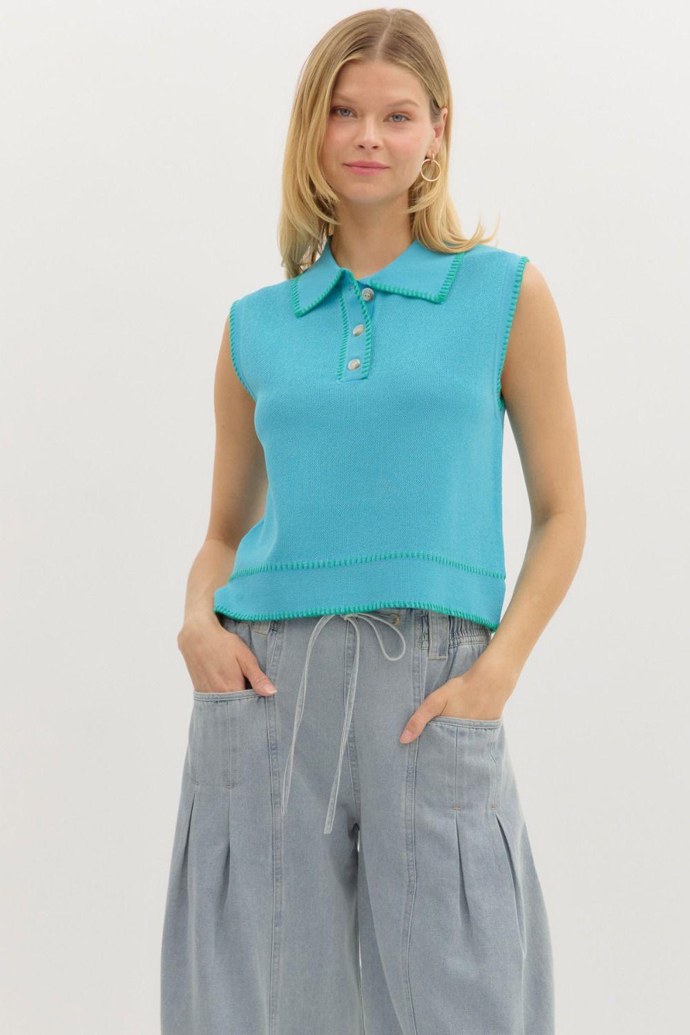 Blue and Lime Knit Pullover Top