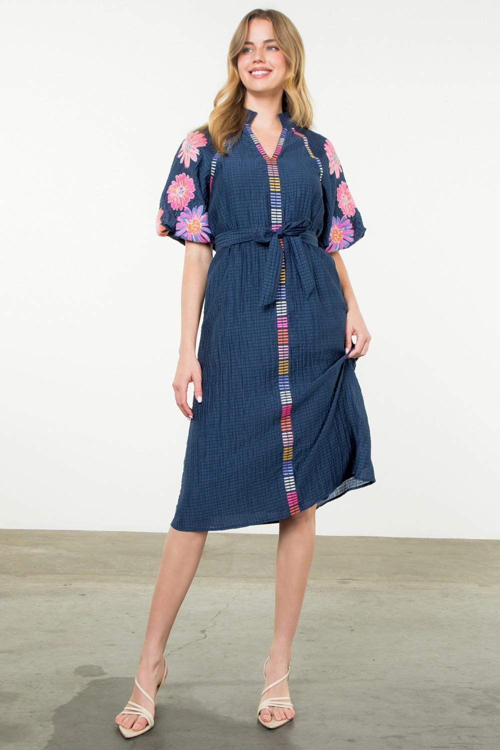 Navy Embroidered Puff Sleeve Textured Midi