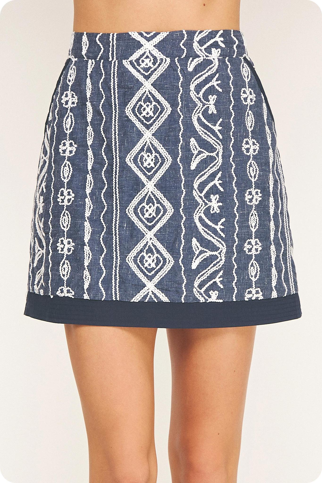 Navy with White Embroidered Mini Skirt