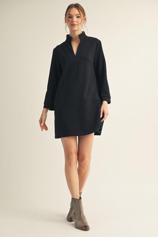 Black Stand Up Collar Shift Dress