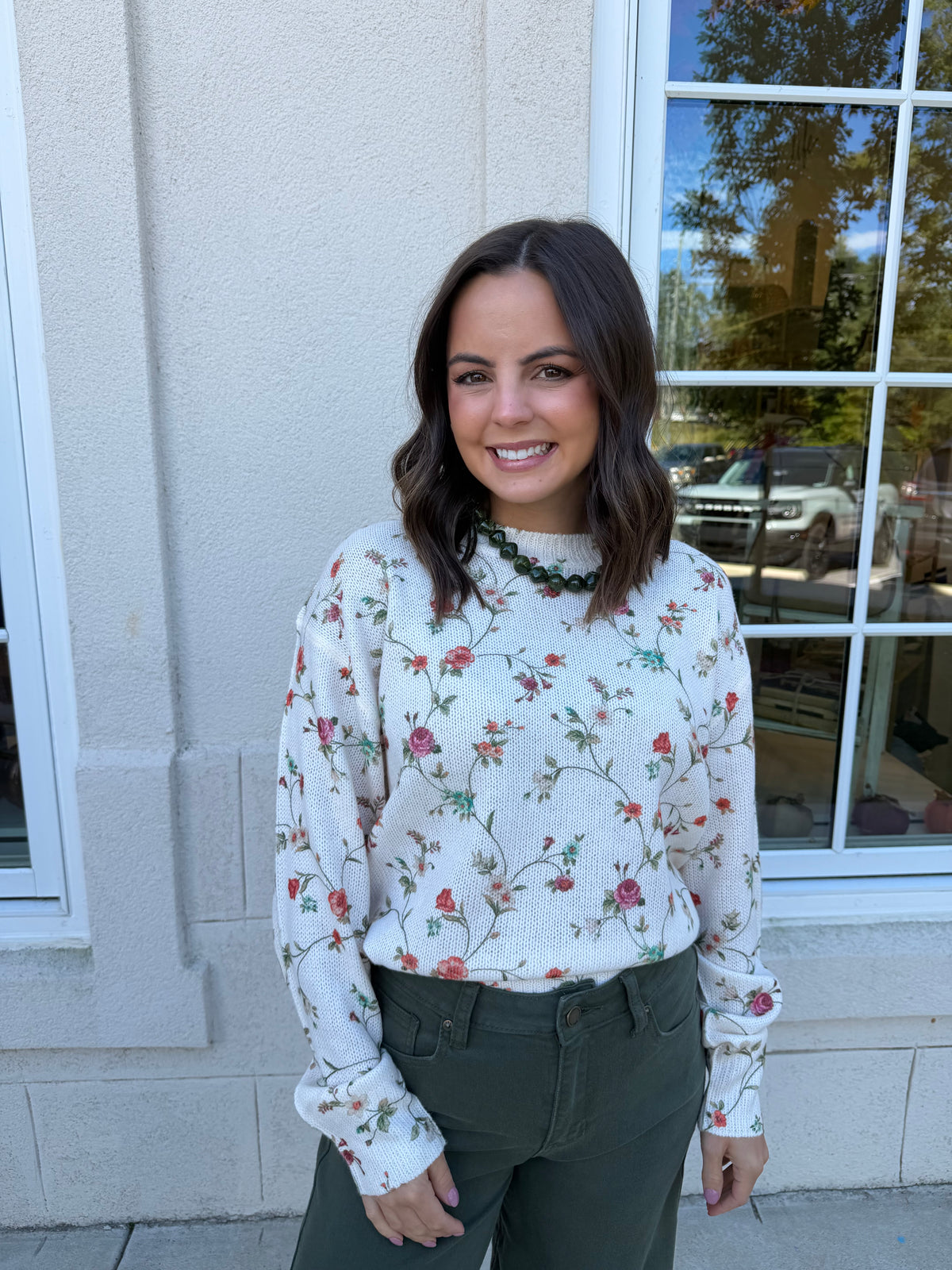 Ecru Sweater with Floral Design