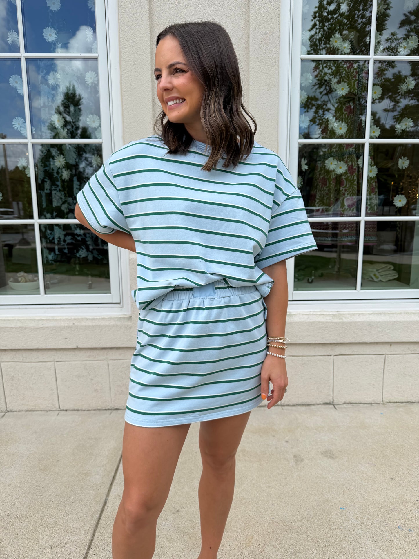 Baby Blue and Hunter Green Striped Sweatshirt Top