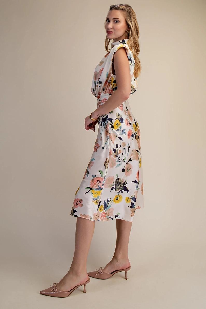 Ivory Floral Cowl Neck Midi