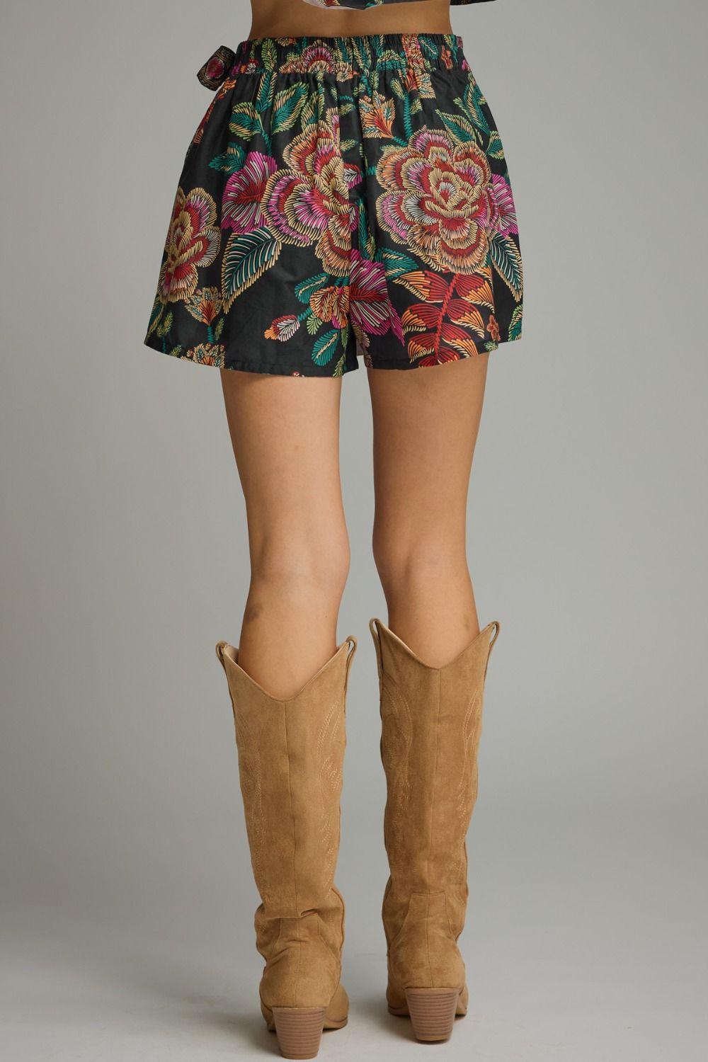 Black Botanical Print Wrap Front Skort