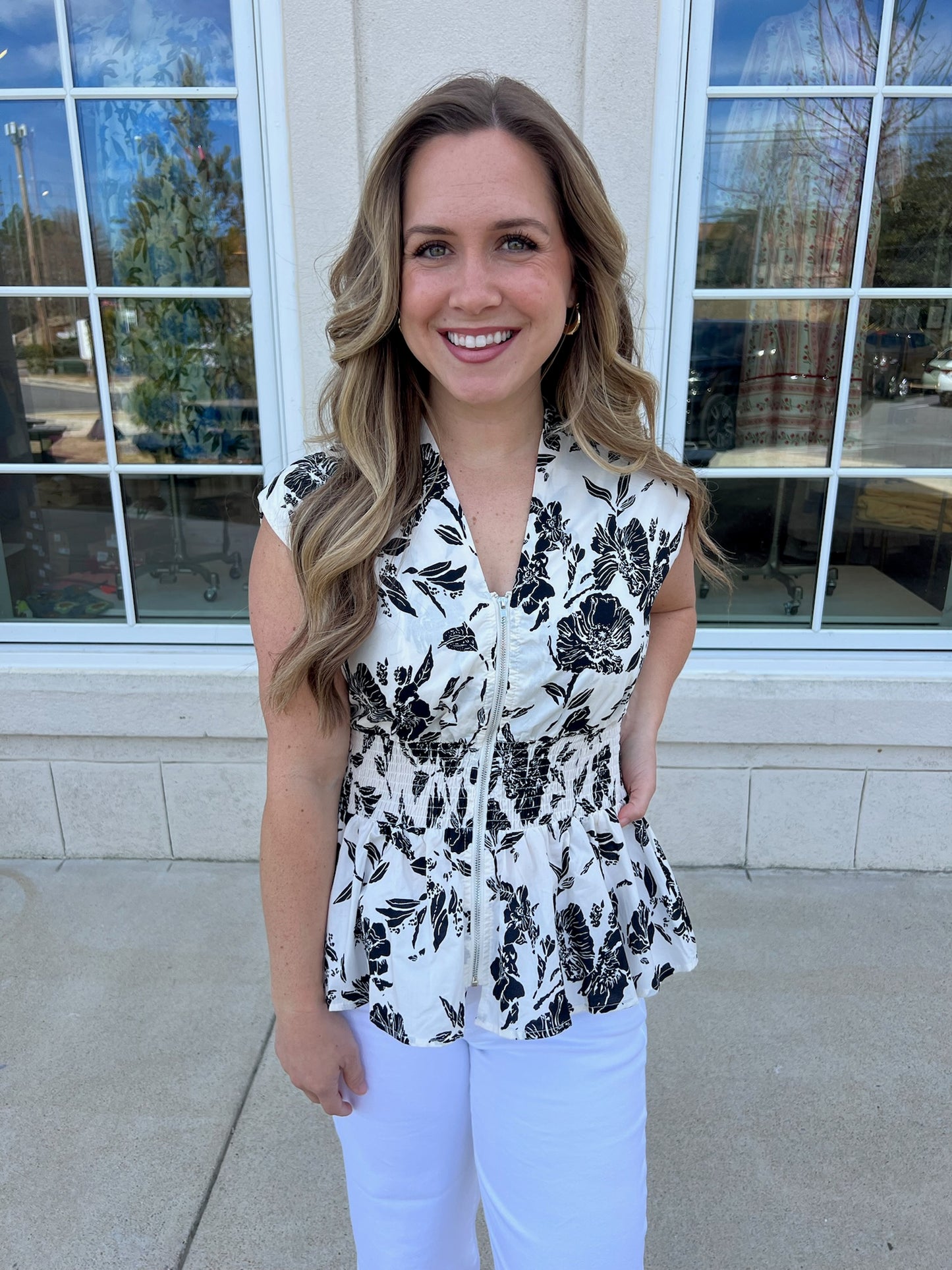 Black Zipper Front Printed Top