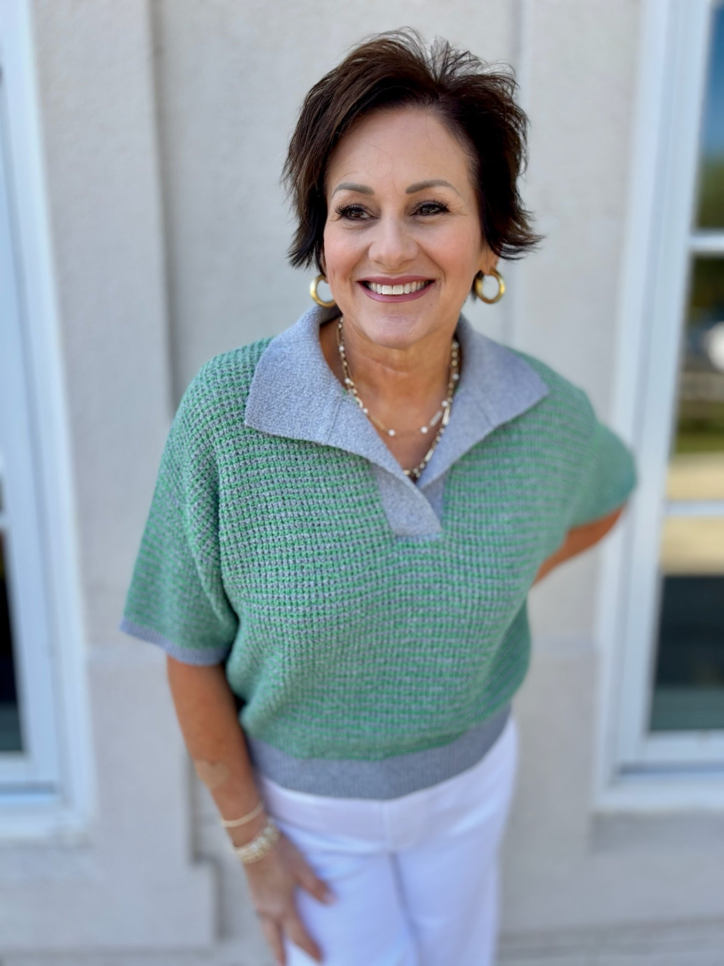Green and Blue Collared Knit Top