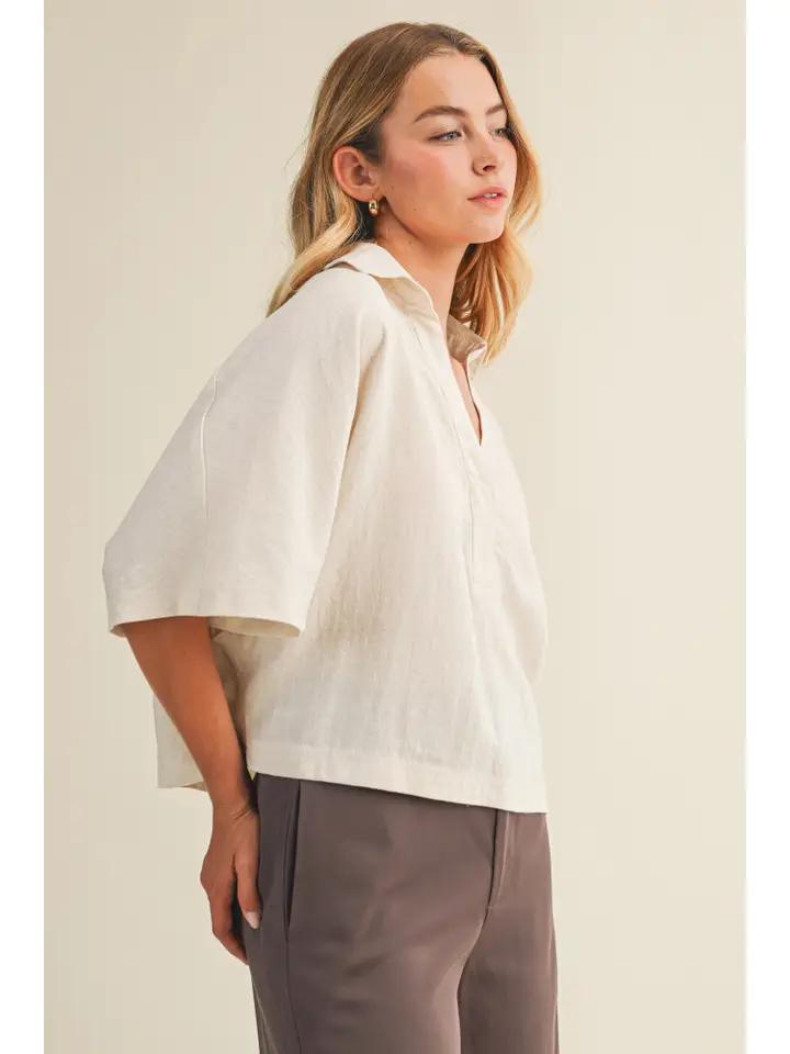 Linen Oversized Open Collar Top