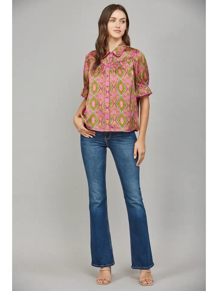 Olive and Pink Print Blouse