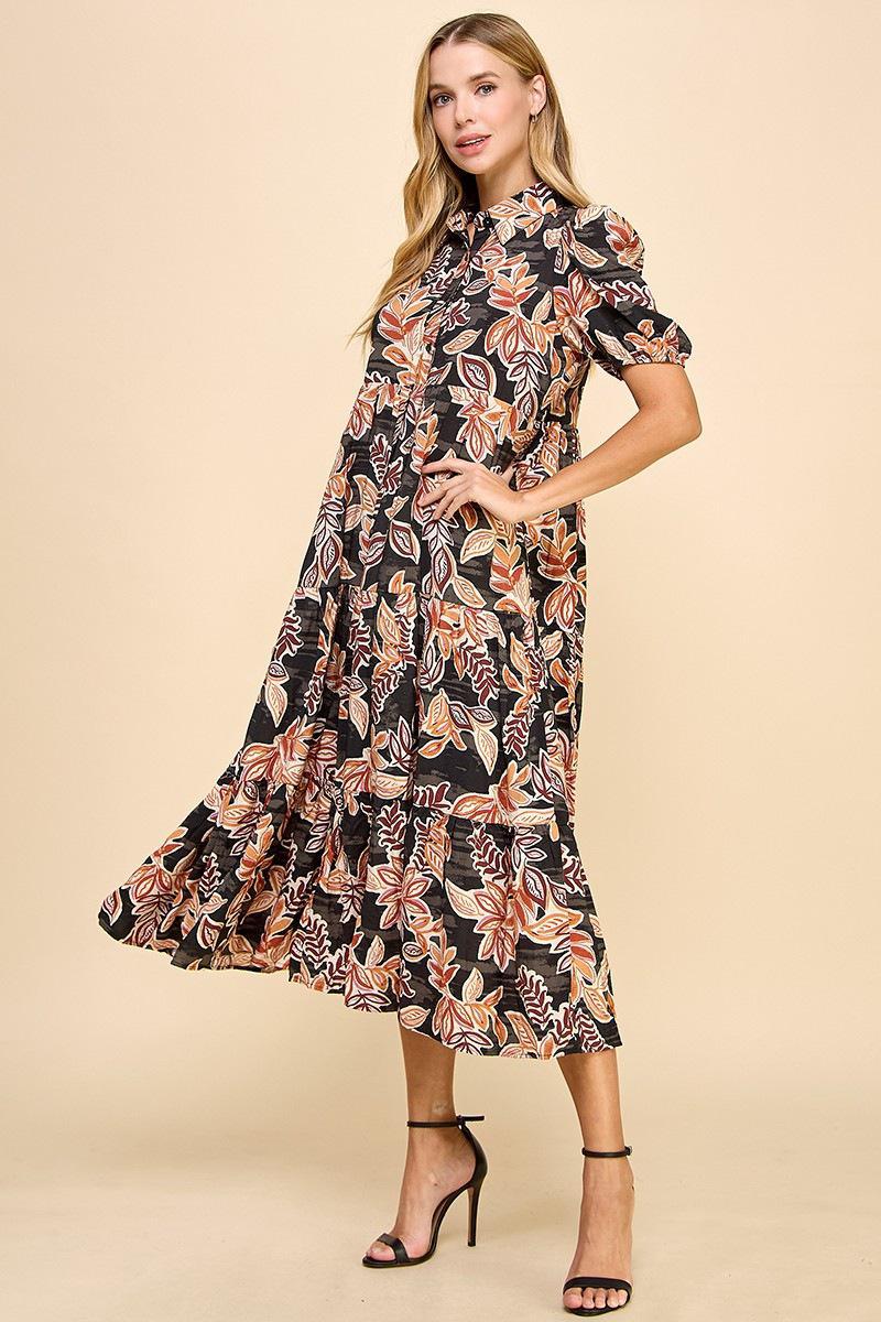 Black Leaf Print Collared Midi Shirt Dress