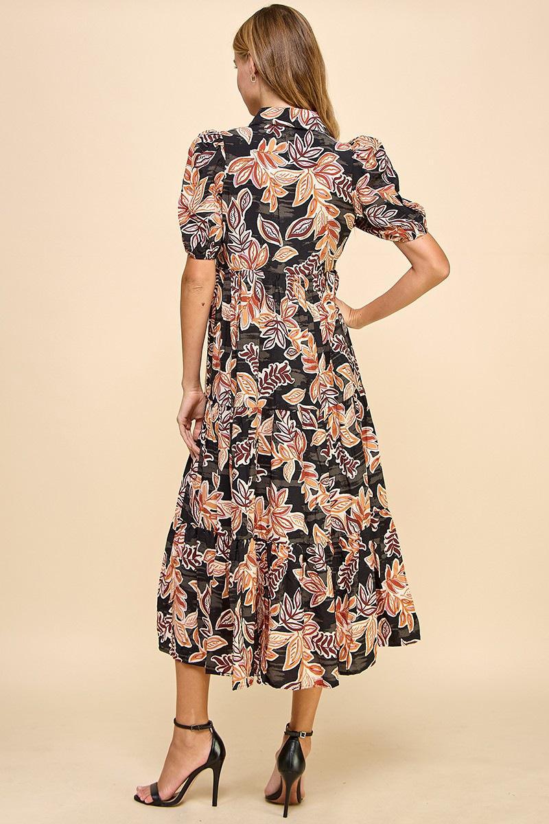 Black Leaf Print Collared Midi Shirt Dress