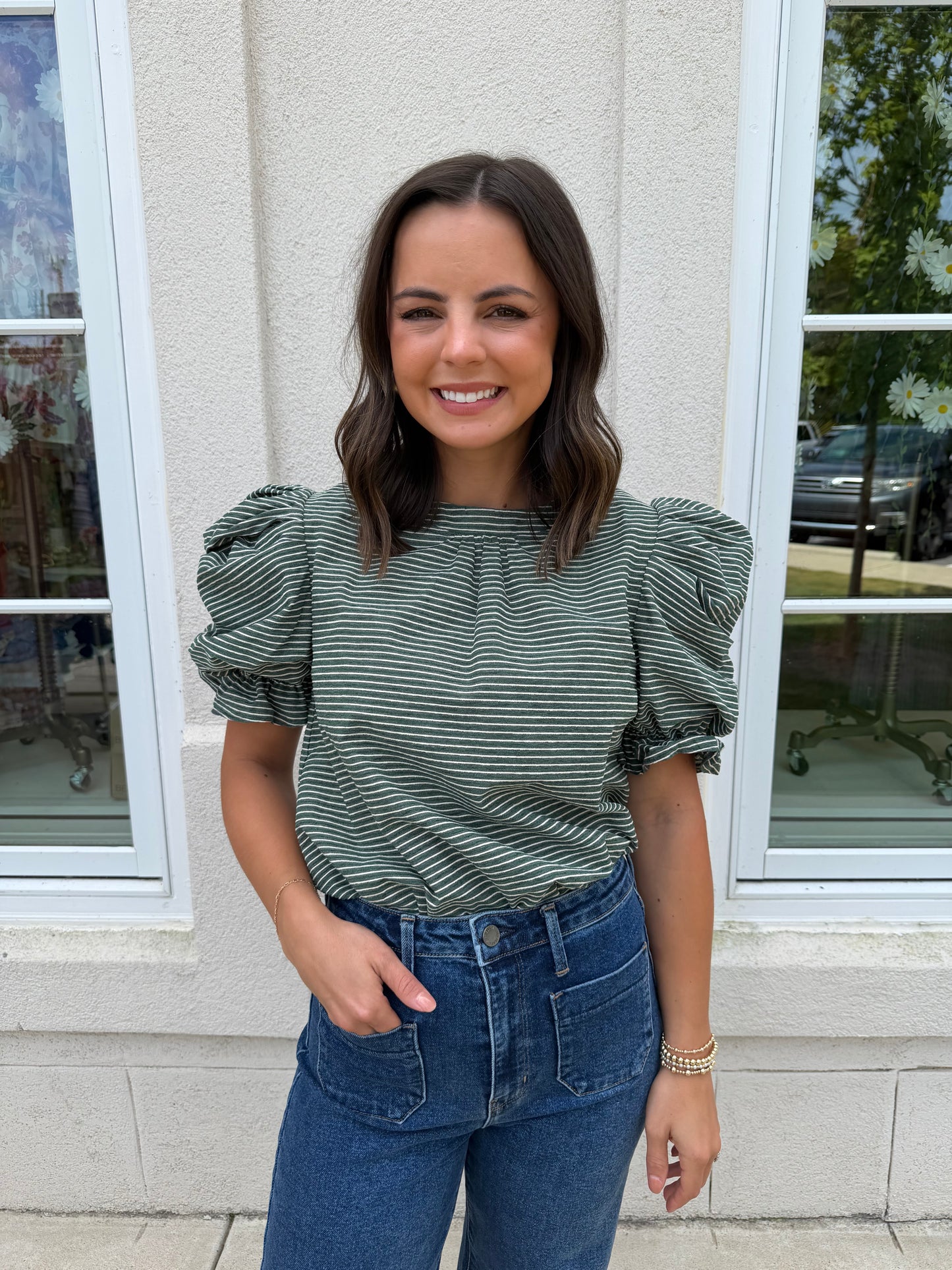 Dark Green Striped Ruched Sleeve Top
