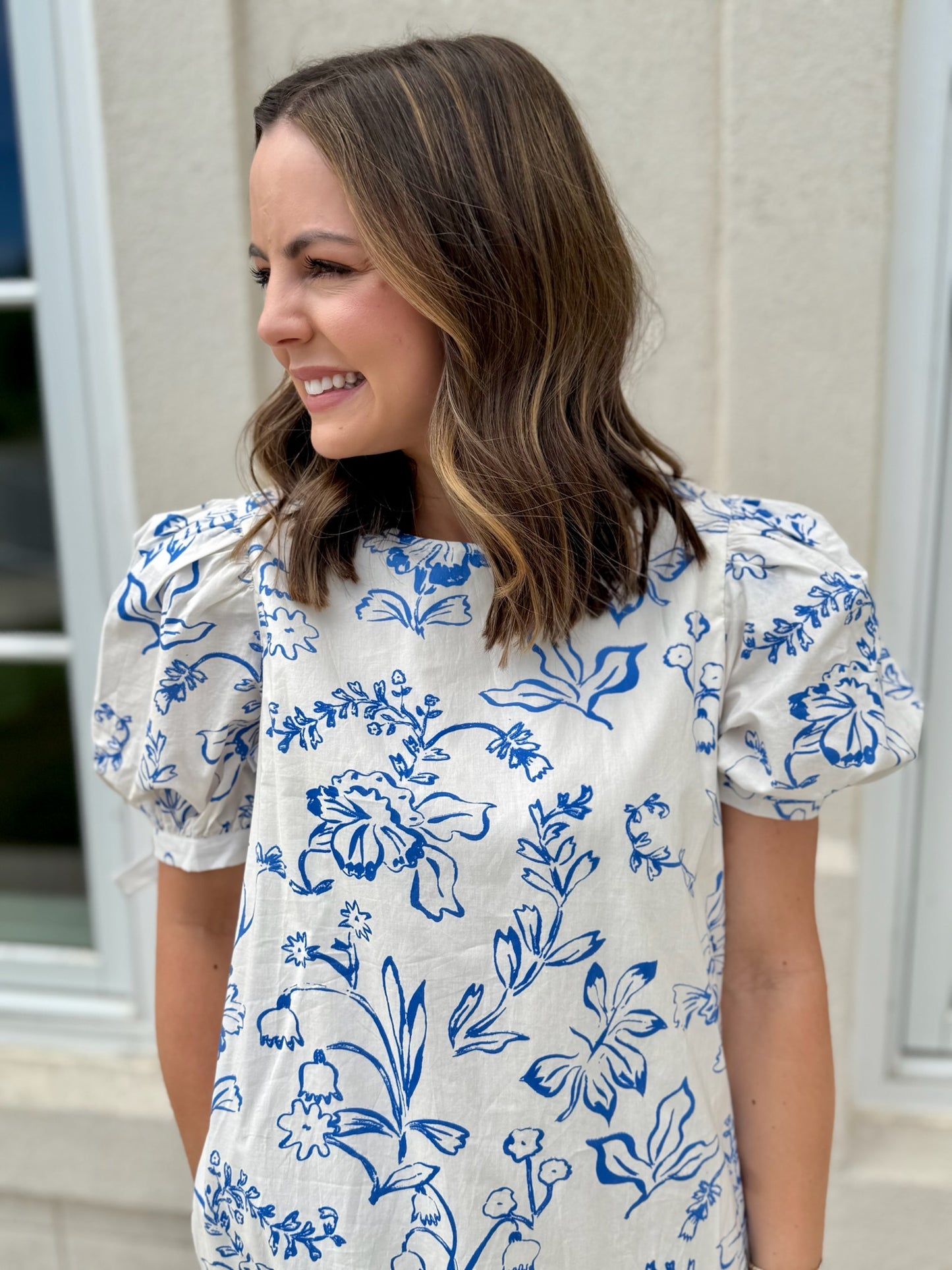 Cream and Blue Scalloped Hem Mini Dress