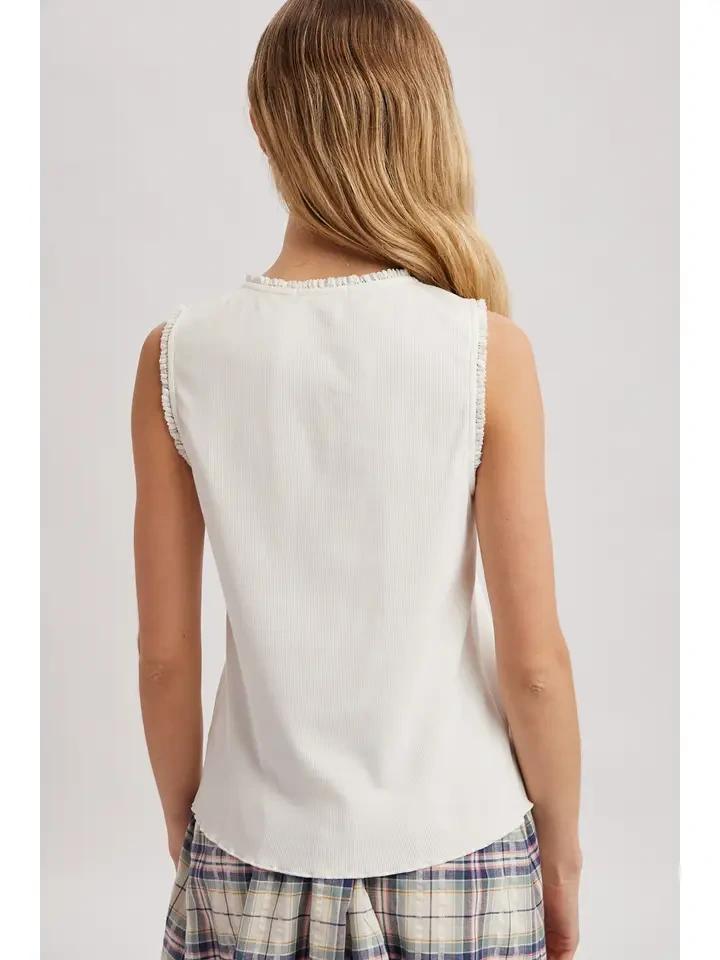 Off White Lettuce Edge Trimmed Tank