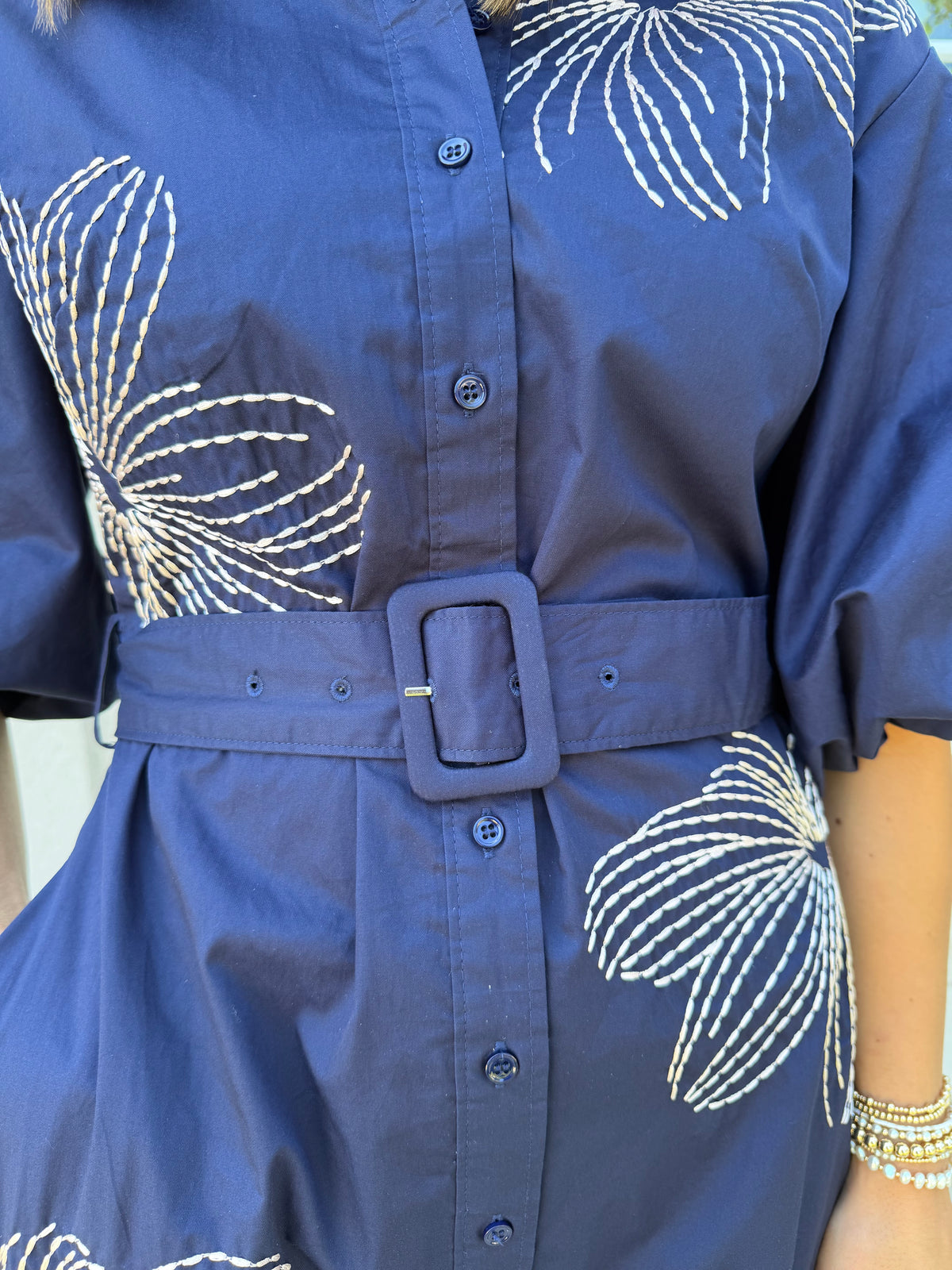 Navy with Ecru Embroidered Midi Shirt Dress