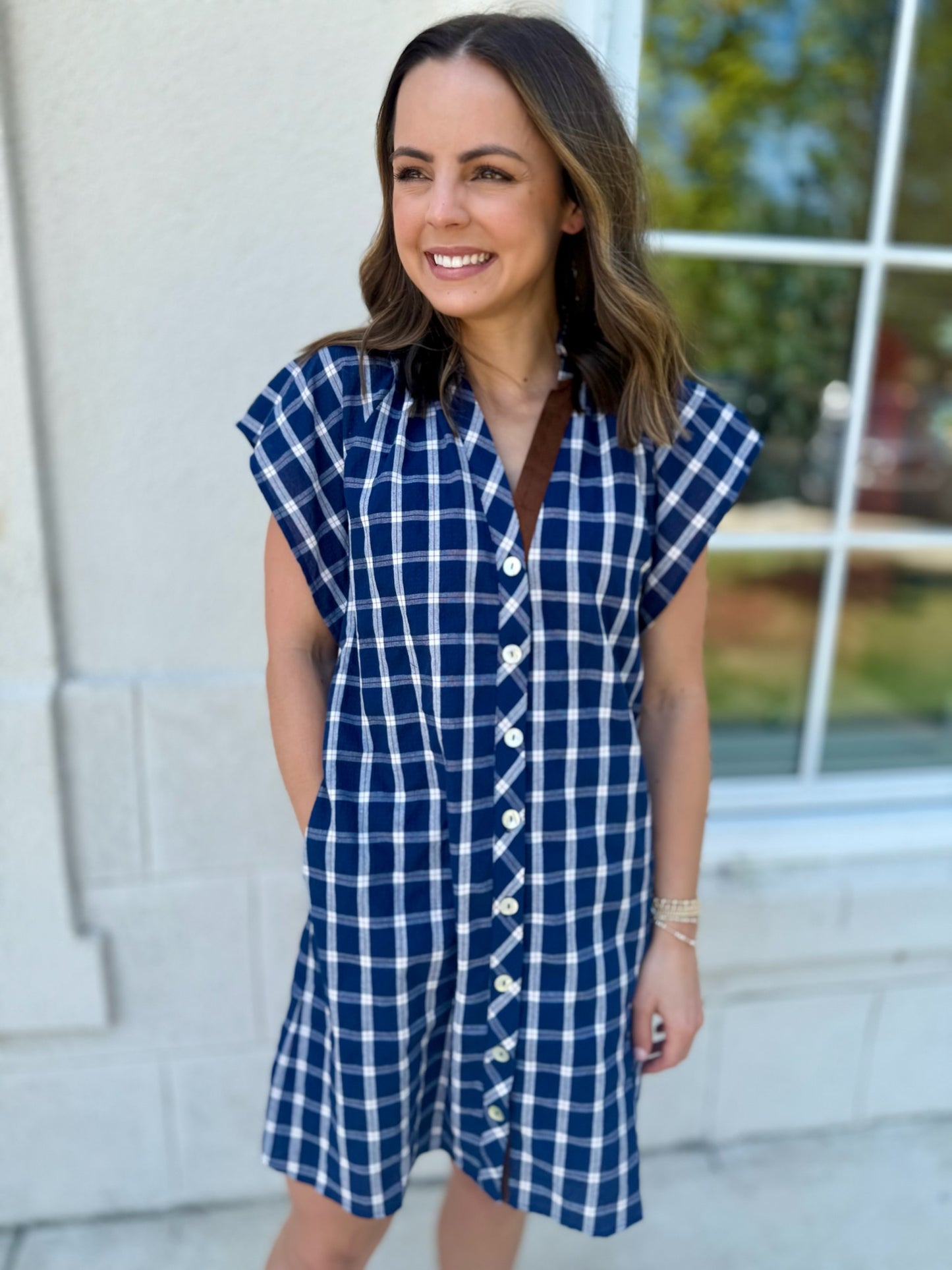 Navy Gingham Short Sleeve Dress