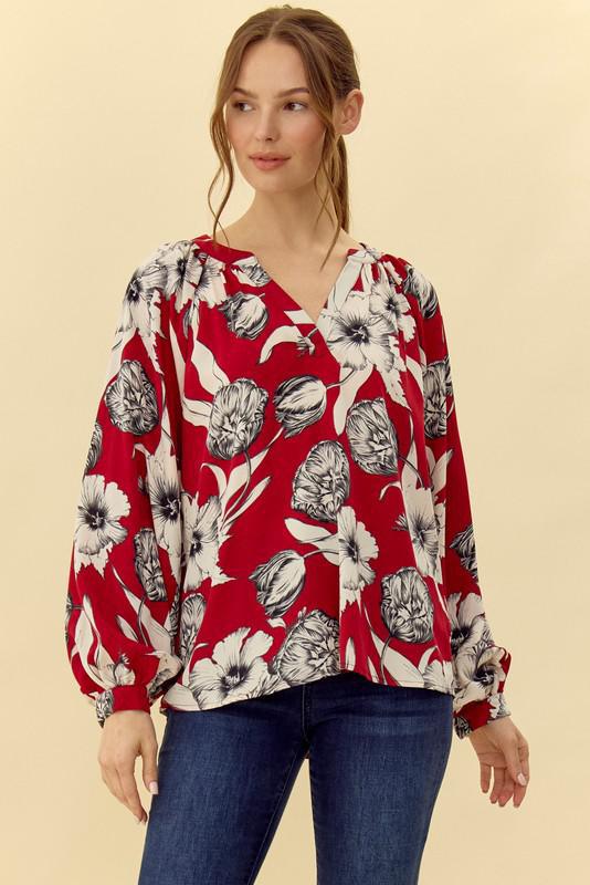 Red Flower Chiffon Top