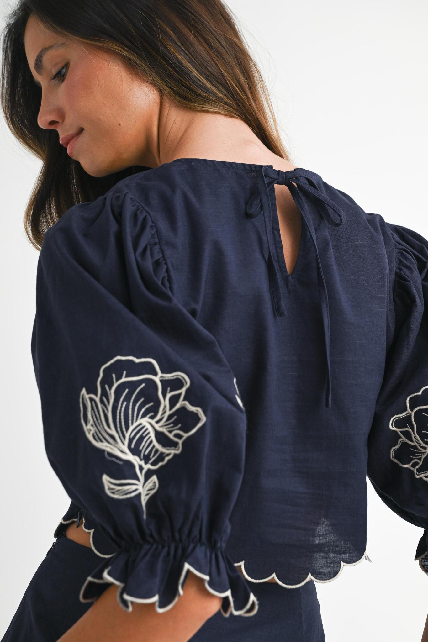 Navy Embroidered Mini Skirt Set