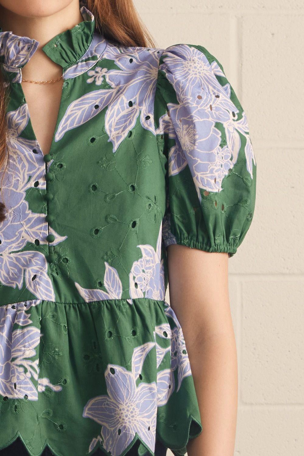 H Green and Lt Blue Floral Eyelet Top