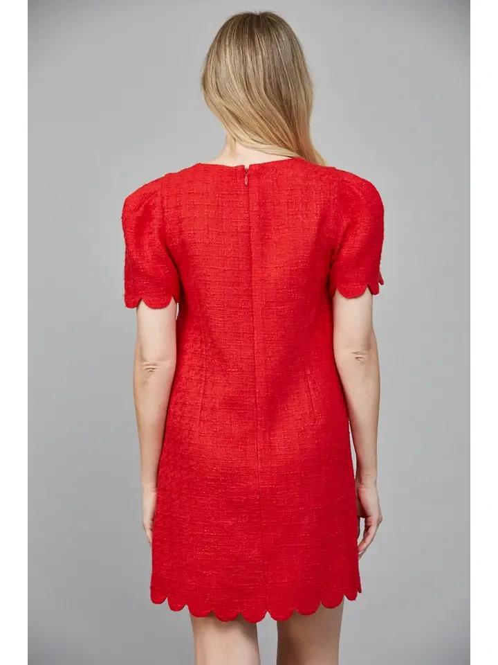 Red Scallop Edged Tweed Dress
