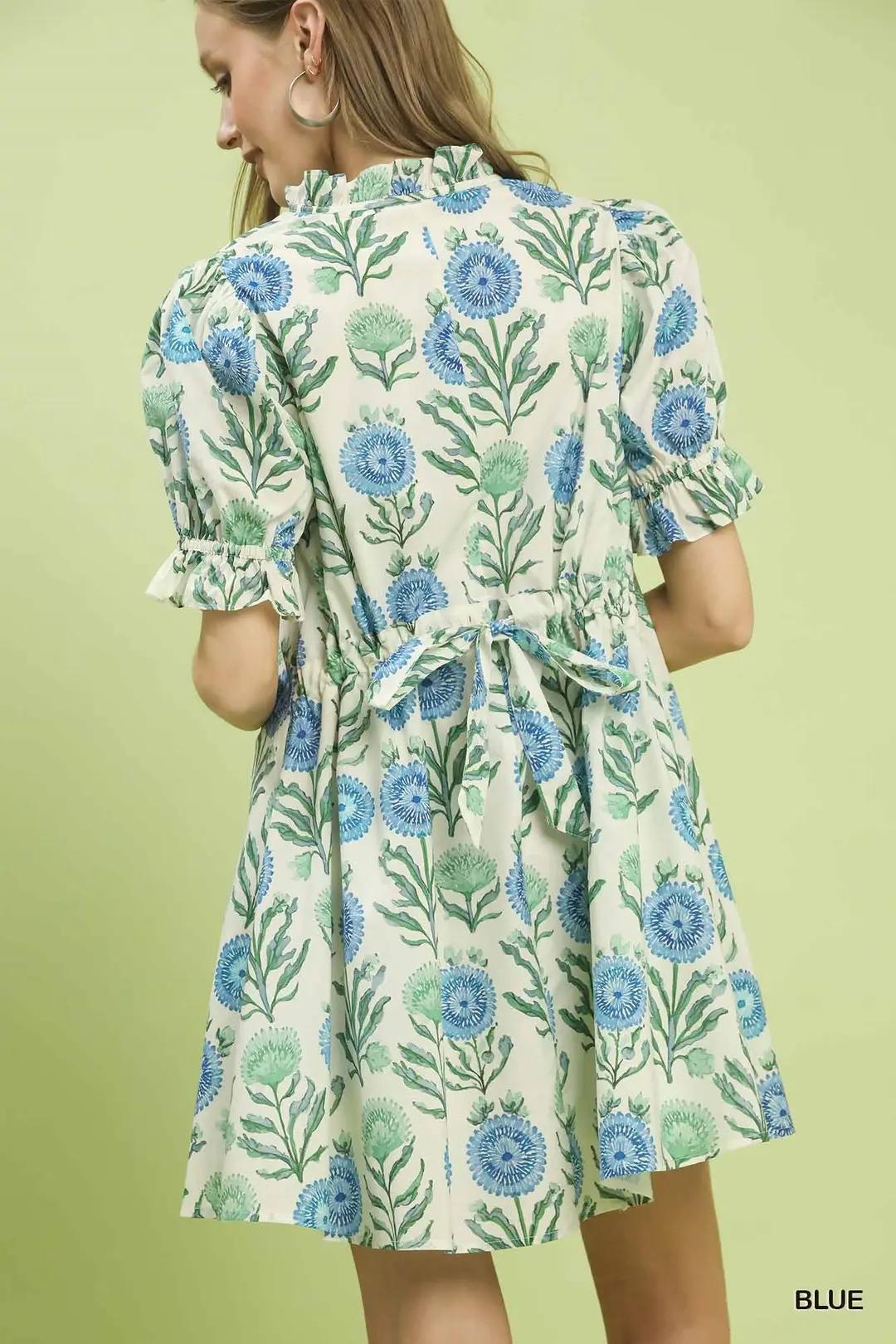 Blue Floral Puff Sleeve Babydoll Dress