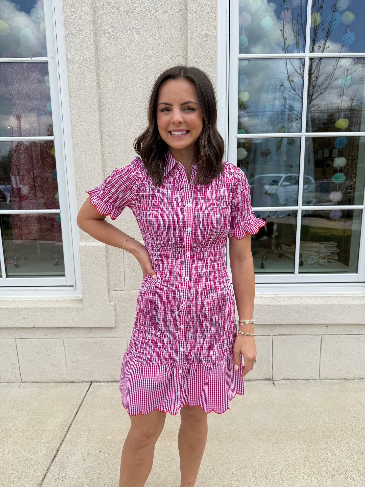 Berry and White Gingham Pattern Smocked Dress